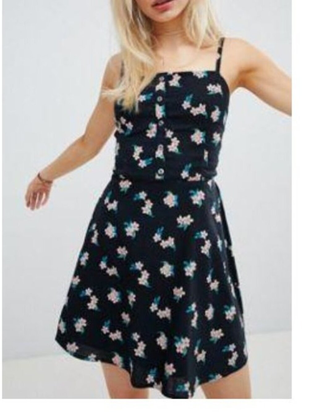 Hollister Floral Dress Navy Blue Pink Mini Strap Smocking Button Sundress XS